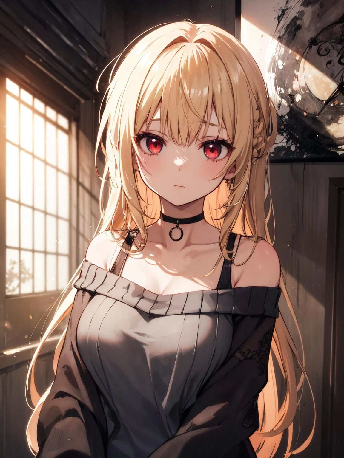 (anime), (illustration), cartoon, detailed, illustration, cartoon, soothing tones, calm colors, masterpiece, best quality, highres, freeze frame shot 1girl, solo, choker, off-shoulder sweater long hair blonde hair, multicolored hair, red eyes, large breasts, (cinematic look:1.2), soothing tones, insane details, intricate details, hyperdetailed, low contrast, soft cinematic light, exposure blend, faded, slate gray atmosphere