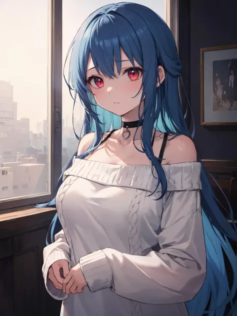 (anime), (illustration), cartoon, detailed, illustration, cartoon, soothing tones, calm colors, masterpiece, best quality, highres, freeze frame shot 1girl, kuudere, solo, choker, off-shoulder sweater long hair blue hair, multicolored hair, red eyes, large breasts, (cinematic look:1.2), soothing tones, insane details, intricate details, hyperdetailed, low contrast, soft cinematic light, exposure blend, faded, slate gray atmosphere