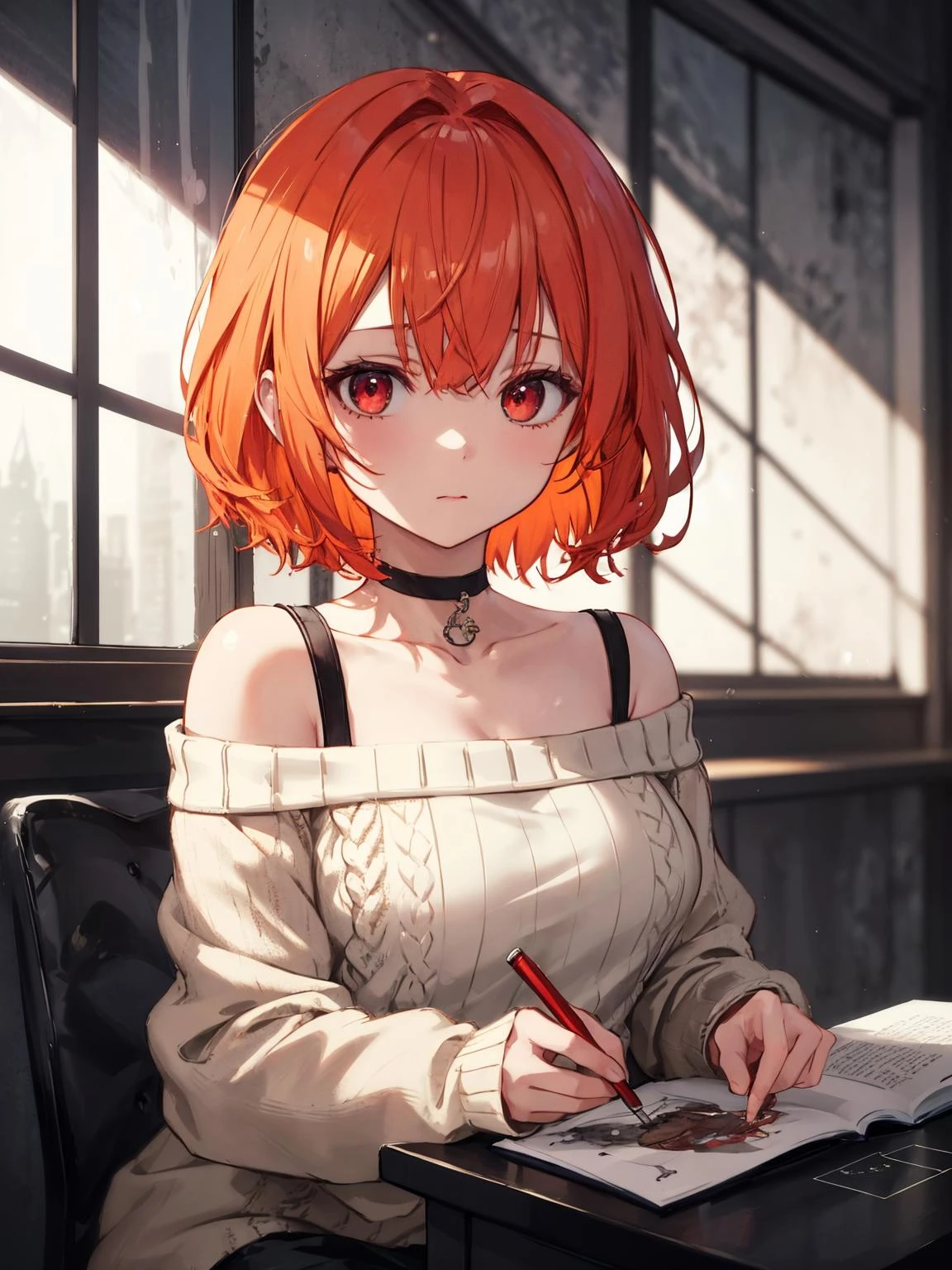 (anime), (illustration), cartoon, detailed, illustration, cartoon, soothing tones, calm colors, masterpiece, best quality, highres, freeze frame shot 1girl, solo, choker, off-shoulder sweater short hair, orange hair, multicolored hair, red eyes, large breasts, (cinematic look:1.2), soothing tones, insane details, intricate details, hyperdetailed, low contrast, soft cinematic light, exposure blend, faded, slate gray atmosphere