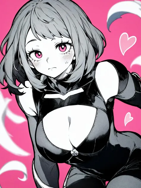 (anime), (illustration), cartoon, detailed, masterpiece, best quality, YotsumiShiro, 1girl, solo, breasts, looking at viewer, blush, short hair, large breasts, simple background, cleavage, closed mouth, monochrome, heart, pink eyes, bodysuit, pink background, spot color, greyscale with colored background, uraraka ochako
<lora:[YotsumiShiro style]:1>, art by greg rutkowski and artgerm, soft cinematic light, adobe lightroom, photolab, hdr, intricate, highly detailed, (depth of field:1.4)