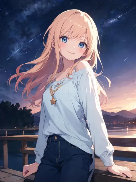 (anime), (illustration), cartoon, detailed, illustration, cartoon, soothing tones, calm colors, masterpiece, best quality, 1girl, smile, casual, night, star sky, cowboy shot,