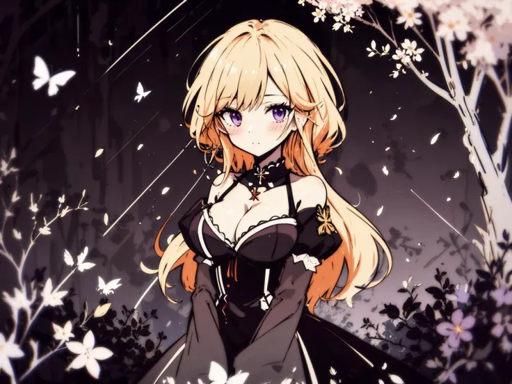 masterpiece, best quality,establishing shot , richelieu \(azur lane\), richelieu, blonde hair, cleavage, collarbone, detached sleeves, puffy sleeves, dress, large breasts, long hair, orange hair, bangs, bare shoulders, blue butterfly, blurry, blurry_background, blurry foreground, blush, branch, breasts, bug, butterfly, cherry blossoms, depth of field, falling leaves, falling petals, long hair, looking at viewer, motion blur, petals, purple sky, purple theme, solo, spring_\(season\), wisteria
<lora:AZ-RichelieuV4:0.7> <lora:Blacklight_v1:0.7> blacklight, (((lineart))),((low detail)),(simple),high contrast,sharp,2 bit,(((clean ink anime illustration))),Studio Ghibli,Makoto Shinkai,Hayao Miyazaki,Audrey Kawasaki, (((lineart))),((low detail)),(simple),high contrast,sharp,2 bit,(((artistic monochrome painting))),precise lineart,negative space