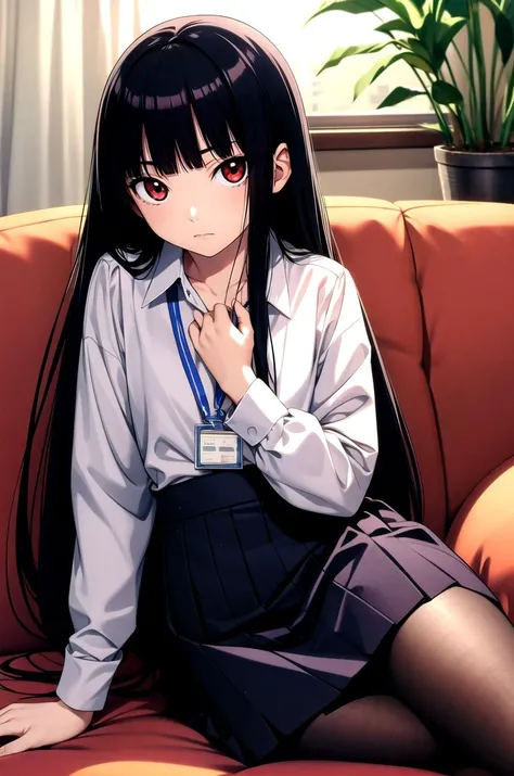 (masterpiece, best quality, detailed), 1girl, solo, Enma Ai, long hair, black hair, hime cut, bangs, blunt bangs, red eyes, looking at viewer, flat chest,
office lady, collared shirt, high-waist skirt, black pantyhose, lanyard, skirt suit, wristwatch, indoors, couch, pillow, window, curtains, potted plant, lying, on side, head rest, closed mouth