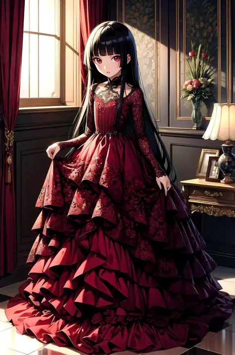 (masterpiece, best quality, detailed), 1girl, solo, Enma Ai, long hair, black hair, hime cut, bangs, blunt bangs, red eyes, looking at viewer, flat chest, 
<lora:wrenchelegadome:0.8>, wrenchelegadome, [black dress|red dress], layered dress, long dress, indoors, window, curtains, armchair, lamp, vase, tile floor, tray, skirt lift, parted lips
