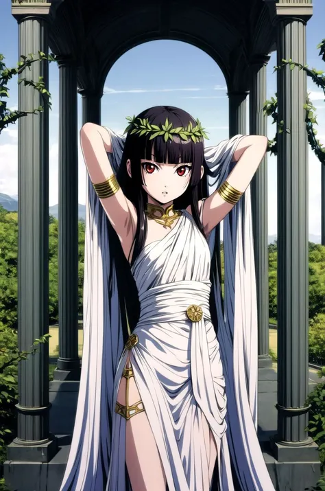 (masterpiece, best quality, detailed), 1girl, solo, Enma Ai, long hair, black hair, hime cut, bangs, blunt bangs, red eyes, looking at viewer,
<lora:GreekClothes:1>, greek clothes, peplos, laurel crown, armlet, see-through, arch, pillar, column, architecture, overgrown, vines, blue sky, wedding, arms behind head, parted lips