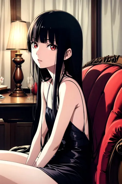 (masterpiece, best quality, detailed), 1girl, solo, Enma Ai, long hair, black hair, hime cut, bangs, blunt bangs, red eyes, looking at viewer, flat chest, 
jewelry, bare shoulders, evening gown, halter dress, halterneck, nail polish, indoors, window, curtains, armchair, lamp, vase, tile floor, sitting, from side, parted lips