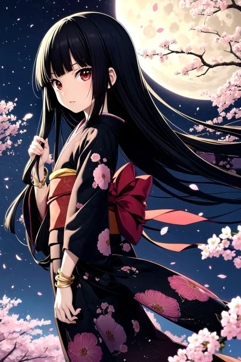 (masterpiece, best quality, detailed), 1girl, solo, Enma Ai, long hair, black hair, hime cut, bangs, blunt bangs, red eyes, looking at viewer, flat chest,
japanese clothes, kimono, bracelet, jewelry, black kimono, cherry blossoms, petals, outdoors, tree, sky, wind, night, moon, floating hair,