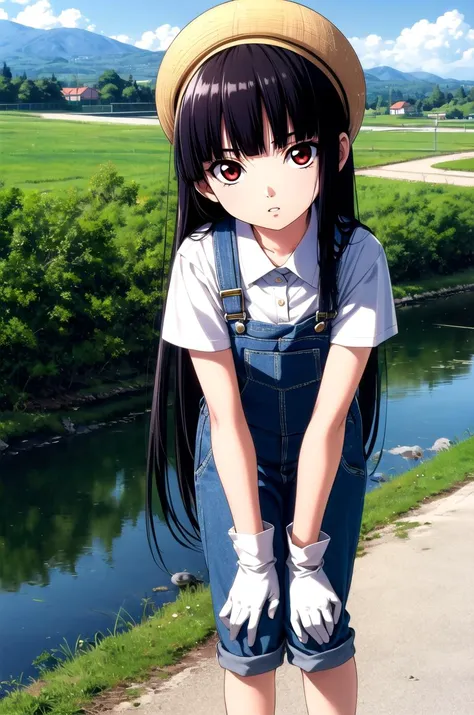 (masterpiece, best quality, detailed), 1girl, solo, Enma Ai, long hair, black hair, hime cut, bangs, blunt bangs, red eyes, looking at viewer,
overalls, short sleeves, white gloves, striped shirt, cabbie hat, outdoors, house, rural, village, scenery, path, river, bridge, leaning forward, adjusting hair, hand in own hair, hand on own thigh, from above, parted lips