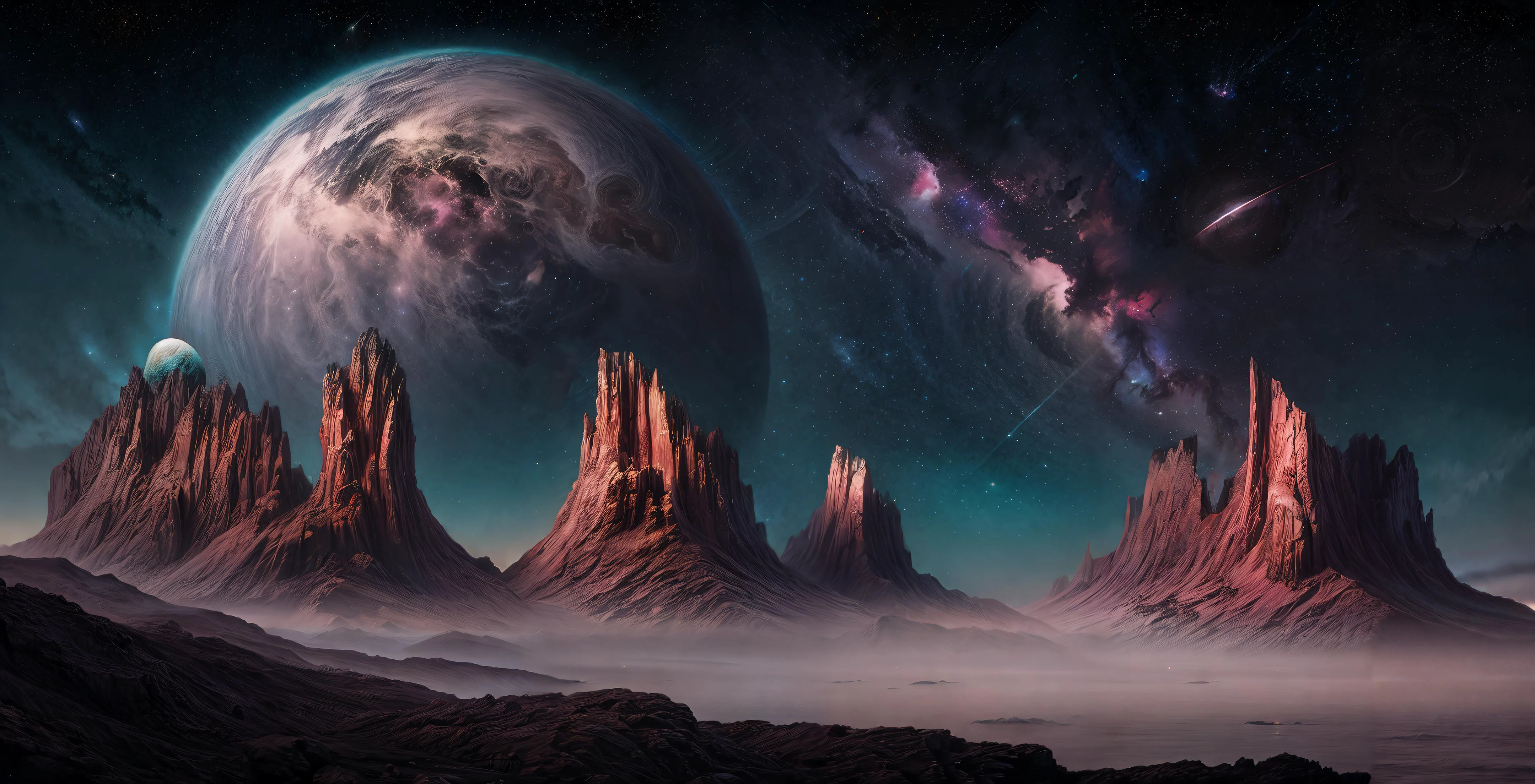 dreamscape parallel dimensions Stunning Landscape Of Oceans, Magical Lighting, Distant Worlds, Fantasy, Other Worlds, Highly Detailed, Sharp Focus, Dark Colourful, Centered, Symmetry, Painted, Intricate, Volumetric Lighting, Beautiful, Rich Deep Colors Masterpiece, Sharp Focus, Ultra Detailed, In The Style Of Studio Giraldi. Astrophotography digital painting, mysterious magic, focused, lush colors, Canon Eos 5d Mark IV and Fujifilm Superia X-TRA 400 film, <lora:more_details:1>