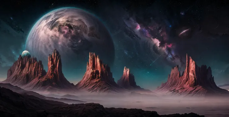 dreamscape parallel dimensions Stunning Landscape Of Oceans, Magical Lighting, Distant Worlds, Fantasy, Other Worlds, Highly Detailed, Sharp Focus, Dark Colourful, Centered, Symmetry, Painted, Intricate, Volumetric Lighting, Beautiful, Rich Deep Colors Masterpiece, Sharp Focus, Ultra Detailed, In The Style Of Studio Giraldi. Astrophotography digital painting, mysterious magic, focused, lush colors, Canon Eos 5d Mark IV and Fujifilm Superia X-TRA 400 film,  <lora:more_details:1>