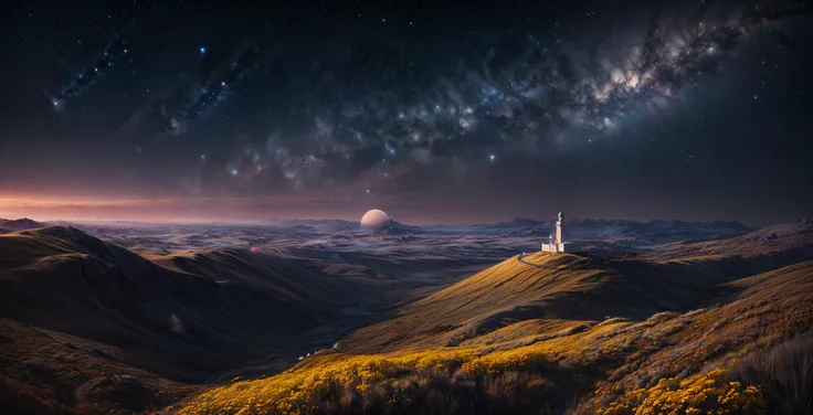 (masterpiece, absurdres, highly detailed:1.3), dreamscape, parallel dimensions, digital landscape painting of a windswept heath, heather and gorse blowing in the wind, dim sunset with galaxy sky and large ringed planet,  Sharp Focus, pastel Colourful, Centered, Symmetry, Painted, Intricate, Volumetric Lighting, Beautiful, Rich Deep Colors, ultra Detailed, Astrophotography digital painting, mysterious magic, focused, lush colors, Canon Eos 5d Mark IV and Fujifilm Superia X-TRA 400 film,  <lora:more_details:1>,, (Extremely Detailed Oil Painting:1.2), glow effects, godrays, Hand drawn, render, 8k, octane render, cinema 4d, blender, dark, atmospheric 4k ultra detailed, cinematic sensual, Sharp focus, humorous illustration, big depth of field, Masterpiece, colors, 3d octane render, 4k, concept art, trending on artstation, hyperrealistic, Vivid colors, extremely detailed CG unity 8k wallpaper, trending on ArtStation, trending on CGSociety, Intricate, High Detail, dramatic