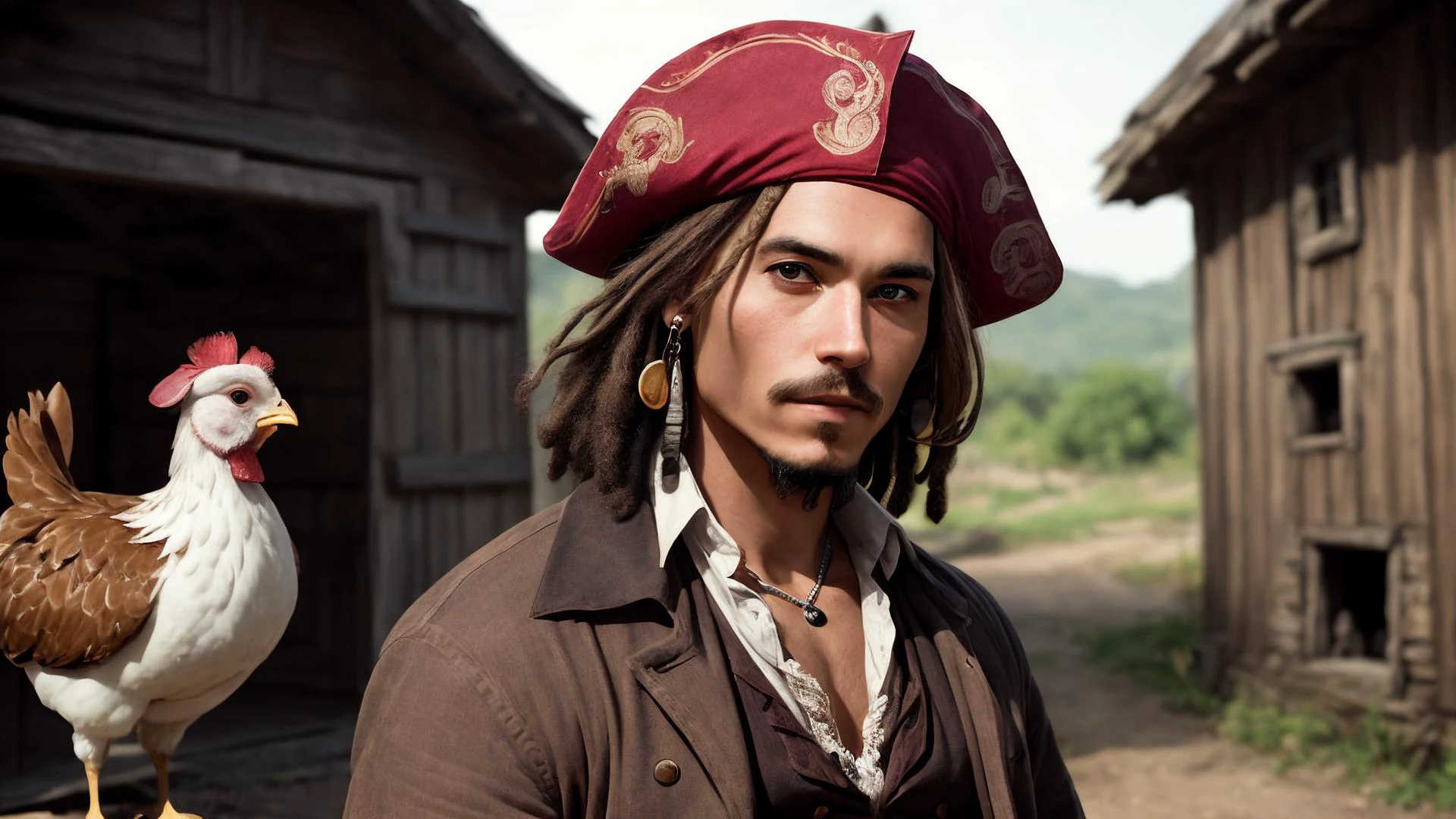 an awarded profesional photography of 1man Intriguing human (1man), (male:1.2), immature face, finely detailed eyes and face, slim body, impeccable grooming, exuding confidence and sophistication, bisque skin with strawberry blonde parted afro Jack Sparrow beardwith Round Eye Shape Violet as Summoner cheerful he is Holding an object pose refined in a hen house , ultradetialed character with perfect face,detailed skin,(ultrasharp:1.3),(masterpiece:1.1),best quality AS-YoungV2,(photorealistic:1.2),ultrarealistic,realistic ultradetailed character,4k perfect quality,<lyco:GoodHands-beta2:1>Magnificent,Imperceptible detail,Intricately designed, Full shot