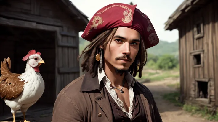 an awarded profesional photography of  1man Intriguing human (1man), (male:1.2), immature face, finely detailed eyes and face, slim body, impeccable grooming, exuding confidence and sophistication, bisque skin with strawberry blonde parted afro Jack Sparrow beardwith Round Eye Shape  Violet as Summoner cheerful he is Holding an object pose  refined in a hen house , ultradetialed character with perfect face,detailed skin,(ultrasharp:1.3),(masterpiece:1.1),best quality AS-YoungV2,(photorealistic:1.2),ultrarealistic,realistic ultradetailed character,4k perfect quality,<lyco:GoodHands-beta2:1>Magnificent,Imperceptible detail,Intricately designed, Full shot