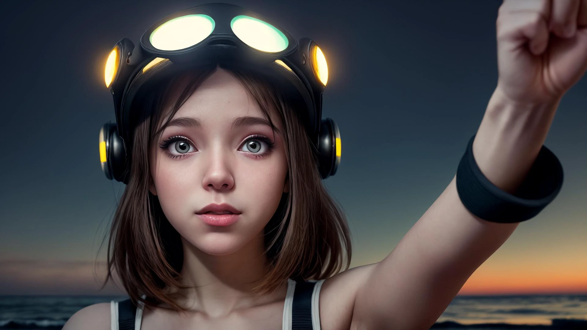 an awarded profesional photography of 1 girl AM111_Jasmina_Jade Wearing an augmented reality interface helmet: tech-infused helmet, AR interface, vital data display, enhanced awareness. in Satellite, Concept designs, Alien planet with bioluminescent flora facial expresion ecstatic make pose Standing on a moonlit beach, she raises her arms, feeling the pull of the tides and the vastness of the ocean
by Brassai Short Lighting,(epic scene:1.3),ultradetialed character with perfect face,detailed skin,(ultrasharp:1.3),(masterpiece:1.1),best quality AS-YoungV2,(photorealistic:1.2),ultrarealistic,realistic ultradetailed character,4k perfect quality,Point-of-view shot<lyco:GoodHands-beta2:1>Magnificent,Imperceptible detail,Intricately designed, (perfect quality face:1.5) hyper-detailed complex, very intricate details, insanely detailed