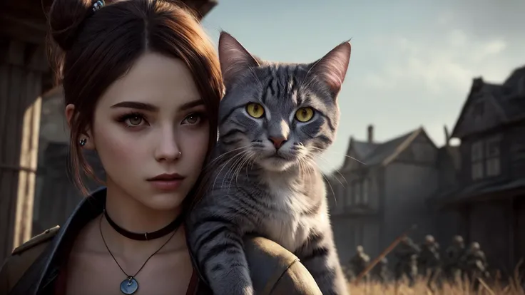 best quality, masterpiece, of a female, dressed as a Vampire, with brown hair, with a female Regal high bun with a decorative hair stick hairstyle, wearing a bandana, dutch angle, sat, In a battlefield strewn with the remnants of a magical war, with ghostly warriors still fighting,, realistic, concept art, cinematic, volumetric lighting, highly detailed, 8k with cat russian blue ultradetialed character with perfect face,detailed skin,(ultrasharp:1.3),(masterpiece:1.1),best quality AS-YoungV2,(photorealistic:1.2),ultrarealistic,realistic ultradetailed character,4k perfect quality,<lyco:GoodHands-beta2:1>Magnificent,Imperceptible detail,Intricately designed,