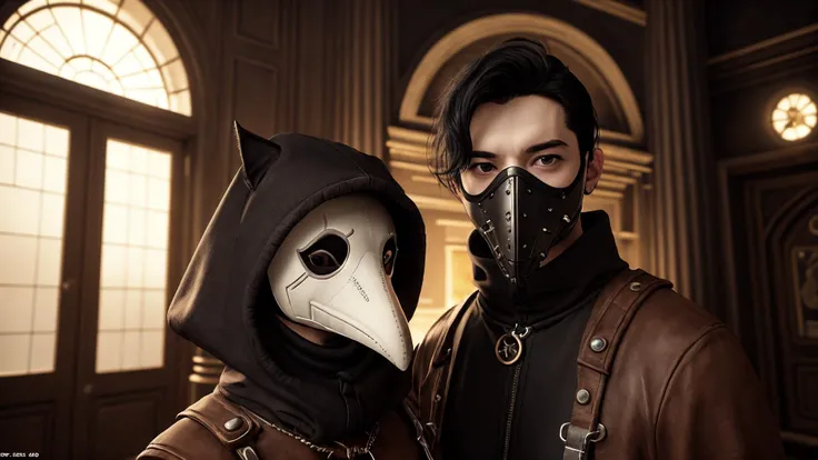 best quality, masterpiece, of a male, dressed as a Psionicist, with black hair, with a male Layered bob with choppy bangs hairstyle, wearing a plague doctor mask,  <lora:plague doctor:.9>, medium shot, sat, In a celestial palace in the clouds, home to a pantheon of gods,, realistic, concept art, cinematic, volumetric lighting, highly detailed, 8k  with cat  tonkinese ultradetialed character with perfect face,detailed skin,(ultrasharp:1.3),(masterpiece:1.1),best quality AS-YoungV2,(photorealistic:1.2),ultrarealistic,realistic ultradetailed character,4k perfect quality,<lyco:GoodHands-beta2:1>Magnificent,Imperceptible detail,Intricately designed,