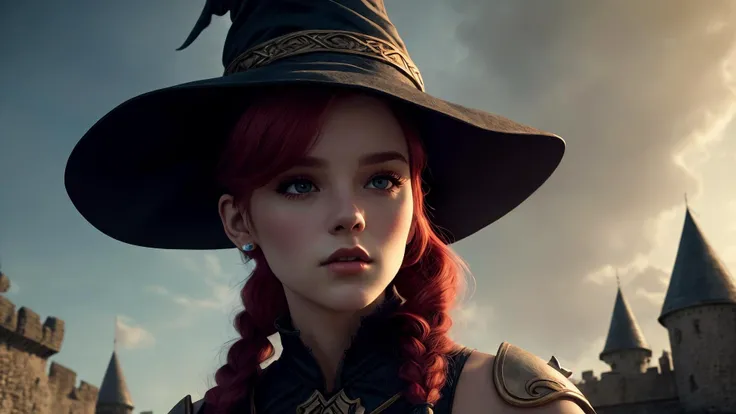 best quality, masterpiece, of a female, dressed as a Barbarian, with red hair, with a female Mohawk with braided sides hairstyle, wearing a witch hat, portrait, fighting, In an ancient, towering castle perched on a cloud, with rainbow bridges connecting the towers,, realistic, concept art, cinematic, volumetric lighting, highly detailed, 8k  with cat  manx ultradetialed character with perfect face,detailed skin,(ultrasharp:1.3),(masterpiece:1.1),best quality AS-YoungV2,(photorealistic:1.2),ultrarealistic,realistic ultradetailed character,4k perfect quality,<lyco:GoodHands-beta2:1>Magnificent,Imperceptible detail,Intricately designed,