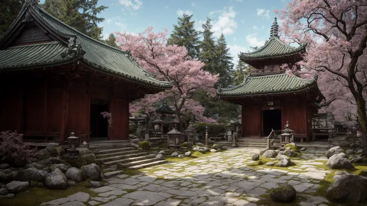 excellent oil painting of a Wander through the peaceful Moss Temple (Saiho-ji) in Kyoto, known forCertainly! Here are twenty more prompts related to traditional Japanese buildings, houses, gardens, and temples: landscape, vibrant colors, powerfull style with epic dramatism,  small willage, mistery land, best quality, maximum quality, intricate details, ultrasahrp, ambient oclusion, realistic shadows, art by Bastien Lecouffe Deharme, 8k, oil art,  <lora:add_detail:1> <lora:royta v1.1:0.4>8k perfect quality, dramatic magic wind with blowing leafs and flowers , ice castle, castle of ice and crystals