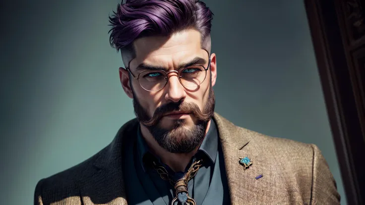 an awarded profesional photography of (1man:1.3) Spartan with Turquoise eyes with male Curly Layered Haircut hair hairstyle and Bandholz beard in dark purple color, he wear suit with lapel chain and shooting glasses closed eyes, bras d'honneur in France ,(epic scene:1.3),ultradetialed character with perfect face,detailed skin,(ultrasharp:1.3),(masterpiece:1.1),best quality,(photorealistic:1.2),ultrarealistic,realistic ultradetailed character,4k perfect quality, <lyco:GoodHands-beta2:1> by by Irving Penn Streetlighting camera angle from behind and focus on full body Magnificent,Imperceptible detail,Intricately designed, (perfect quality face:1.5) hyper-detailed complex, insanely detailed, detailed clothes, detailed skin, detailed body, , 1man, realistic lights, realistic shadows, profesional photo