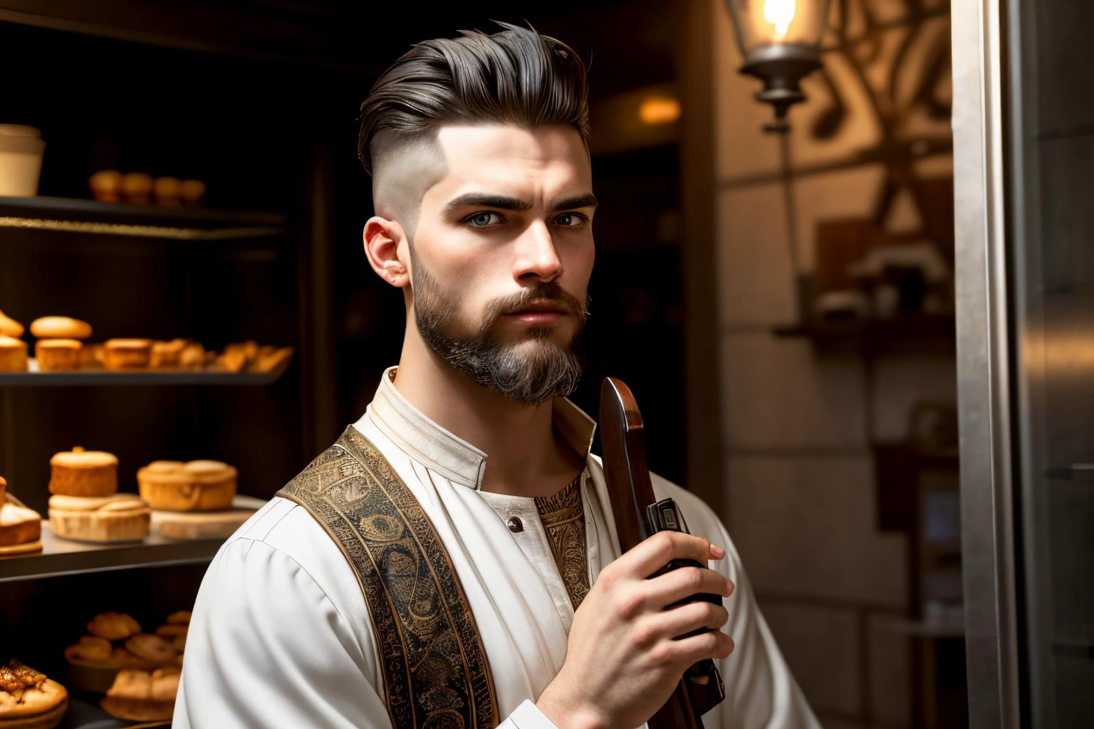 an awarded profesional photography of (1man:1.3) ancient Gaul with Deep blue eyes with male Straight Faux Hawk with High Fade hair hairstyle and short boxed beard in silver color, dressed as Priest shaking with rage, with a weapon With a Harpoon Gun slung over the shoulder in Artisan Bakery Display: A glass display case showcases an array of freshly baked pastries and artisanal bread. The tantalizing aroma of freshly baked goods wafts through the air, enticing customers to indulge in a delectable treat alongside their hot beverages. ,(epic scene:1.3),ultradetialed character with perfect face,detailed skin,(ultrasharp:1.3),(masterpiece:1.1),best quality,(photorealistic:1.2),ultrarealistic,realistic ultradetailed character,4k perfect quality, <lyco:GoodHands-beta2:1> by by Imogen Cunningham Stage Lighting camera angle perspective and very wide shot Magnificent,Imperceptible detail,Intricately designed, (perfect quality face:1.5) hyper-detailed complex, insanely detailed, detailed clothes, detailed skin, detailed body, , 1man, realistic lights, realistic shadows, profesional photo