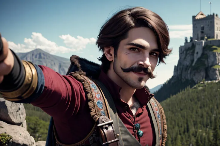 an awarded profesional photography of (1man:1.3) Nordic with coral eyes with male Layered bob with choppy bangs hairstyle hairstyle and pencil mustache in dark brown color, dressed as Jester, with bells and colorful clothes crazy smile, with a weapon With a Throwing Axe hanging around the shoulder in A mountain scene with an ancient stone tower perched on a hilltop ,(epic scene:1.3),ultradetialed character with perfect face,detailed skin,(ultrasharp:1.3),(masterpiece:1.1),best quality,(photorealistic:1.2),ultrarealistic,realistic ultradetailed character,4k perfect quality, <lyco:GoodHands-beta2:1> by by Diane Arbus Automotive Lighting camera angle from below and focus on full body Magnificent,Imperceptible detail,Intricately designed, (perfect quality face:1.5) hyper-detailed complex, insanely detailed, detailed clothes, detailed skin, detailed body, , 1man, realistic lights, realistic shadows, profesional photo