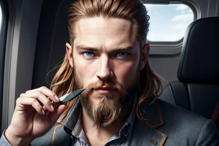 an awarded profesional photography of (1man:1.3) angel with grey-blue eyes with male side part hairstyle and Viking beard in Strawberry Blonde color, he wear summer suit and scouter shy, playing a game living piece in airplane interior ,(epic scene:1.3),ultradetialed character with perfect face,detailed skin,(ultrasharp:1.3),(masterpiece:1.1),best quality,(photorealistic:1.2),ultrarealistic,realistic ultradetailed character,4k perfect quality, <lyco:GoodHands-beta2:1> by by Irving Penn Rembrandt Lighting camera angle from below and feet out of frame Magnificent,Imperceptible detail,Intricately designed, (perfect quality face:1.5) hyper-detailed complex, insanely detailed, detailed clothes, detailed skin, detailed body, , 1man, realistic lights, realistic shadows, profesional photo