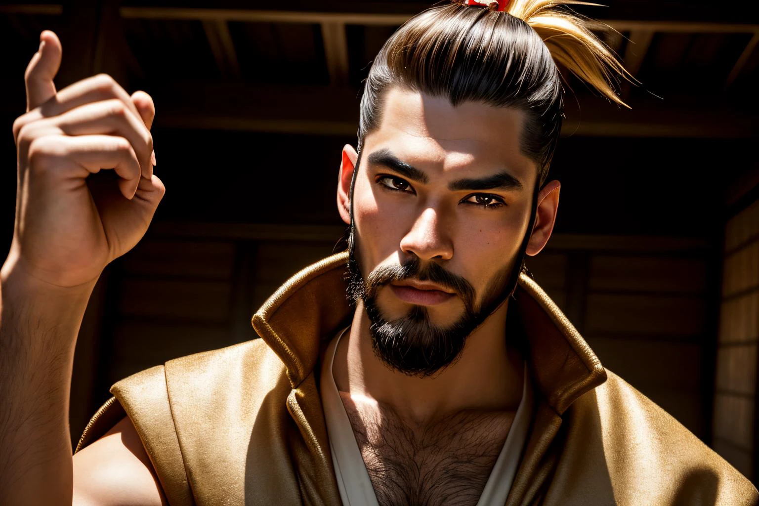 an awarded profesional photography of (1man:1.3) naga with coral eyes with male Straight High Ponytail hair hairstyle and ducktail beard in blonde color, wearing a Mardi Gras mask full-face blush, running in Visit the historic Matsumoto Castle in Nagano, one of Japan's most beautiful original castles, with its black walls, stunning wooden interiors, and breathtaking views from the top floor ,(epic scene:1.3),ultradetialed character with perfect face,detailed skin,(ultrasharp:1.3),(masterpiece:1.1),best quality,(photorealistic:1.2),ultrarealistic,realistic ultradetailed character,4k perfect quality, <lyco:GoodHands-beta2:1> by Nick Park Automotive Lighting camera angle dutch angle and focus on face Magnificent,Imperceptible detail,Intricately designed, (perfect quality face:1.5) hyper-detailed complex, insanely detailed, detailed clothes, detailed skin, detailed body, , 1man, realistic lights, realistic shadows, profesional photo