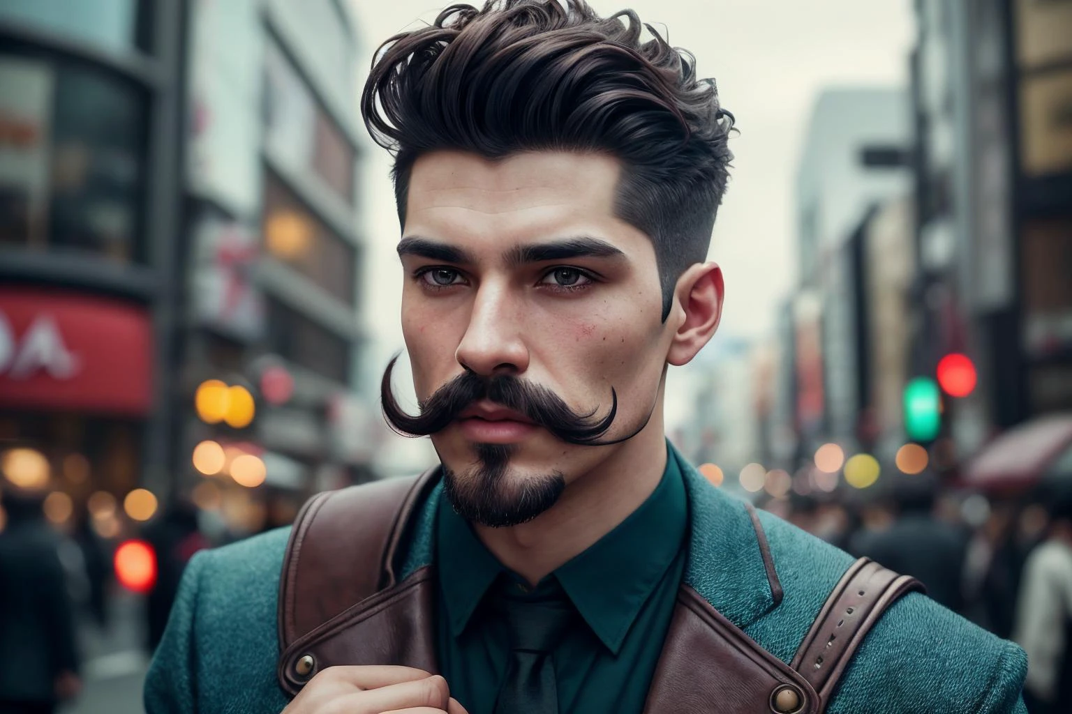 an awarded profesional photography of (1man:1.3) Spartan with teal eyes with male Curly Quiff hair hairstyle and handlebar mustache in dark ash color, dressed like a wizard nose blush, interlocked fingers in Shibuya 109 ,(epic scene:1.3),ultradetialed character with perfect face,detailed skin,(ultrasharp:1.3),(masterpiece:1.1),best quality,(photorealistic:1.2),ultrarealistic,realistic ultradetailed character,4k perfect quality, <lyco:GoodHands-beta2:1> by by Stephen Shore Side Lighting camera angle close-up and focus on upper body Magnificent,Imperceptible detail,Intricately designed, (perfect quality face:1.5) hyper-detailed complex, insanely detailed, detailed clothes, detailed skin, detailed body, , 1man, realistic lights, realistic shadows, profesional photo