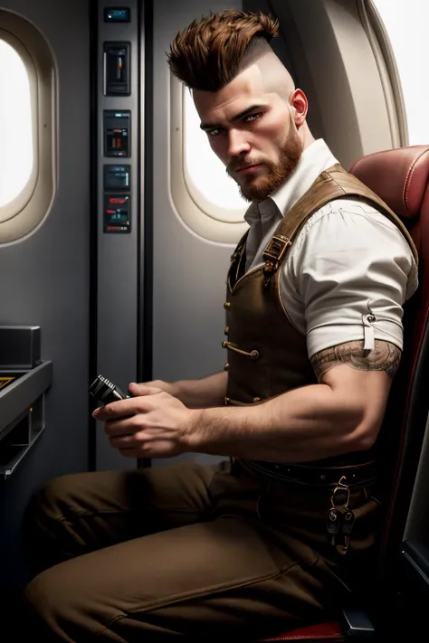 an awarded profesional photography of (1man:1.3) Eastern European with brown eyes with male mohawk hairstyle and friendly mutton chops shaving in Light Ginger color, dressed as Tinkerer pleased, sitting on a stool with one leg up and elbow resting on knee in airplane interior ,(epic scene:1.3),ultradetialed character with perfect face,detailed skin,(ultrasharp:1.3),(masterpiece:1.1),best quality,(photorealistic:1.2),ultrarealistic,realistic ultradetailed character,4k perfect quality, <lyco:GoodHands-beta2:1> by Dan Witz Silhouette Lighting camera angle from side and very wide shot Magnificent,Imperceptible detail,Intricately designed, (perfect quality face:1.5) hyper-detailed complex, insanely detailed, detailed clothes, detailed skin, detailed body, , 1man, realistic lights, realistic shadows, profesional photo