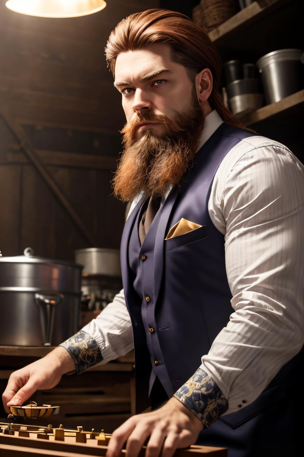 an awarded profesional photography of (1man:1.3) Nordic with purple eyes with male Shoulder-length hairstyle hairstyle and French beard in ginger color, he wear funeral suit and budenovka troll face, playing a game metal puzzle in garage ,(epic scene:1.3),ultradetialed character with perfect face,detailed skin,(ultrasharp:1.3),(masterpiece:1.1),best quality,(photorealistic:1.2),ultrarealistic,realistic ultradetailed character,4k perfect quality, <lyco:GoodHands-beta2:1> by by W. Eugene Smith Butterfly Lighting camera angle from below and focus on full body Magnificent,Imperceptible detail,Intricately designed, (perfect quality face:1.5) hyper-detailed complex, insanely detailed, detailed clothes, detailed skin, detailed body, , 1man, realistic lights, realistic shadows, profesional photo