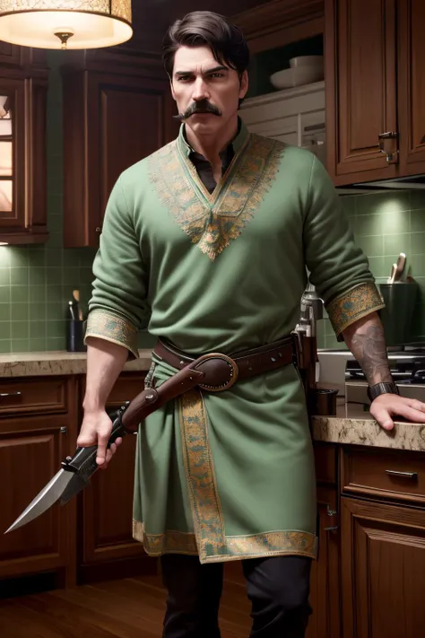 an awarded profesional photography of (1man:1.3) ancient Roman  with black eyes  with  male Straight Short Spiky Hair hair hairstyle and pencil mustache in mint green color, dressed up like a horse   extroverted, with a weapon Holding a Taser  in kitchen ,(epic scene:1.3),ultradetialed character with perfect face,detailed skin,(ultrasharp:1.3),(masterpiece:1.1),best quality,(photorealistic:1.2),ultrarealistic,realistic ultradetailed character,4k perfect quality, <lyco:GoodHands-beta2:1> by Wes Anderson  Practical Lighting camera angle from below and feet out of frame Magnificent,Imperceptible detail,Intricately designed,  (perfect quality face:1.5)  hyper-detailed complex,  insanely detailed, detailed clothes, detailed skin, detailed body, , 1man, realistic lights, realistic shadows, profesional photo