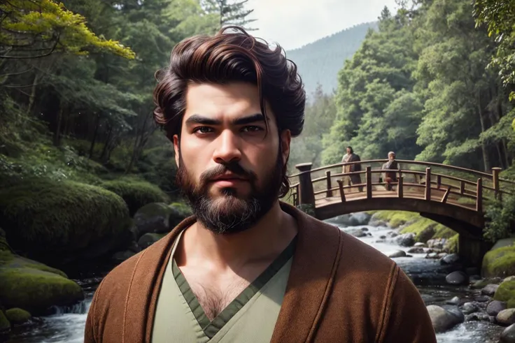 an awarded profesional photography of (1man:1.3) Persian with hazel eyes with male Taper Fade with Curly Hair hair hairstyle and long beard in Gingersnap Brown color, dressed like a frog torogao, inugami-ke no ichizoku pose in A forest scene with a murmuring brook and a rustic wooden footbridge ,(epic scene:1.3),ultradetialed character with perfect face,detailed skin,(ultrasharp:1.3),(masterpiece:1.1),best quality,(photorealistic:1.2),ultrarealistic,realistic ultradetailed character,4k perfect quality, <lyco:GoodHands-beta2:1> by Wes Anderson Overcast Lighting camera angle perspective and focus on full body Magnificent,Imperceptible detail,Intricately designed, (perfect quality face:1.5) hyper-detailed complex, insanely detailed, detailed clothes, detailed skin, detailed body, , 1man, realistic lights, realistic shadows, profesional photo