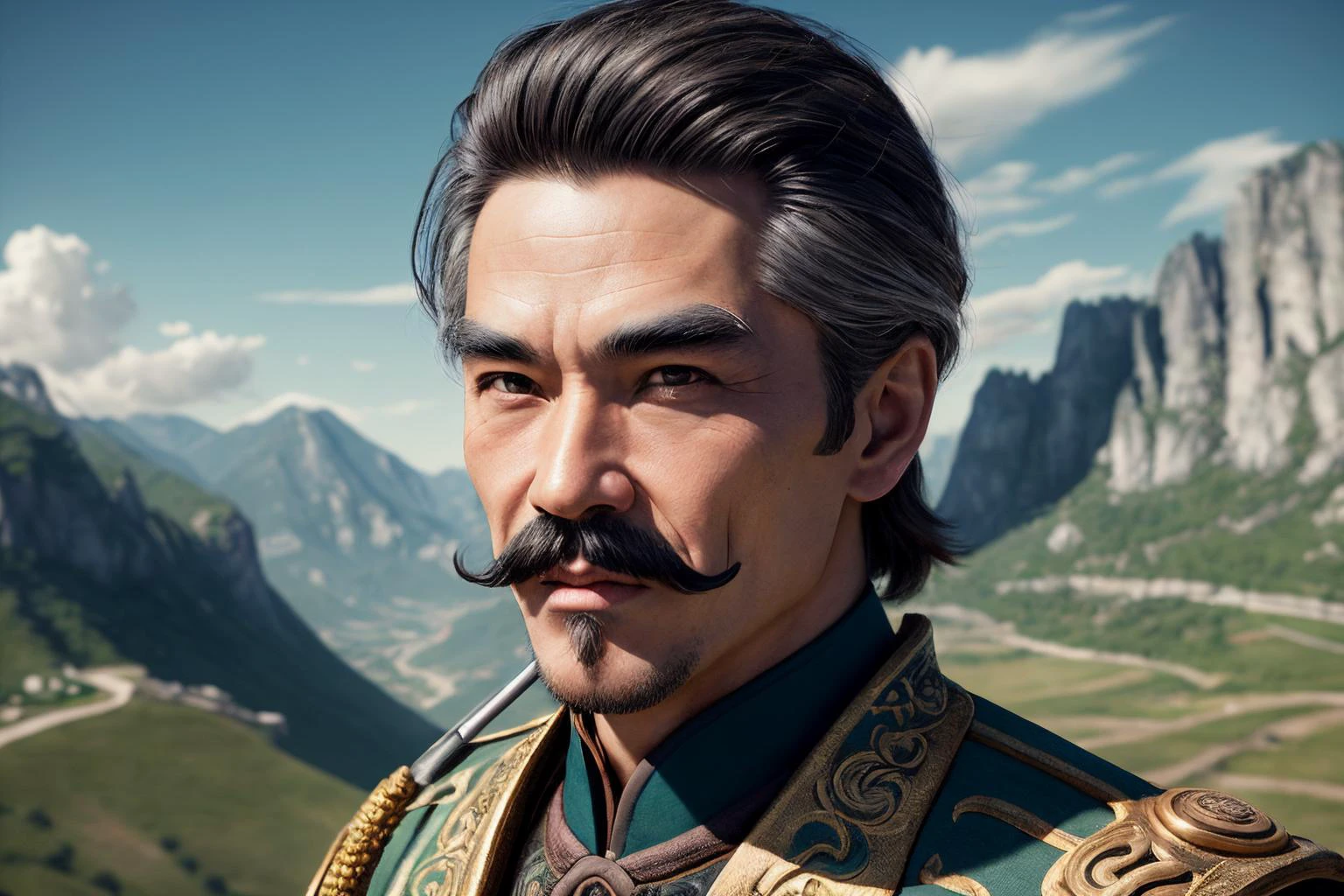 an awarded profesional photography of (1man:1.3) Ancient China with black eyes with male mustache hairstyle and Dali mustache in Blonde color, he wear vest and opera glasses grin, with a weapon Wearing a Stun Gun in A mountain scene with a rocky plateau overlooking a sprawling green valley ,(epic scene:1.3),ultradetialed character with perfect face,detailed skin,(ultrasharp:1.3),(masterpiece:1.1),best quality,(photorealistic:1.2),ultrarealistic,realistic ultradetailed character,4k perfect quality, <lyco:GoodHands-beta2:1> by Anthony Million Up-Lighting camera angle pov and cowboy shot Magnificent,Imperceptible detail,Intricately designed, (perfect quality face:1.5) hyper-detailed complex, insanely detailed, detailed clothes, detailed skin, detailed body, , 1man, realistic lights, realistic shadows, profesional photo