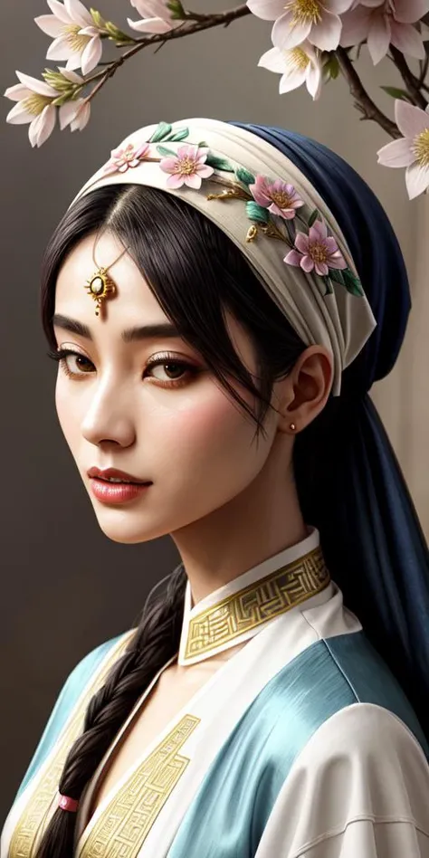 (art by Abraham Rattner:0.7) , Spray paint style, Drawing, Unreal Engine, Rich [Singaporean:French:5] [Emine|Esmeralda], wearing Mosaic-Like Islamic Headband, Chinoiserie Flower in hair, Spring, Cel shaded,  <lora:Stoked-Reality-LORA-v1-0:1>