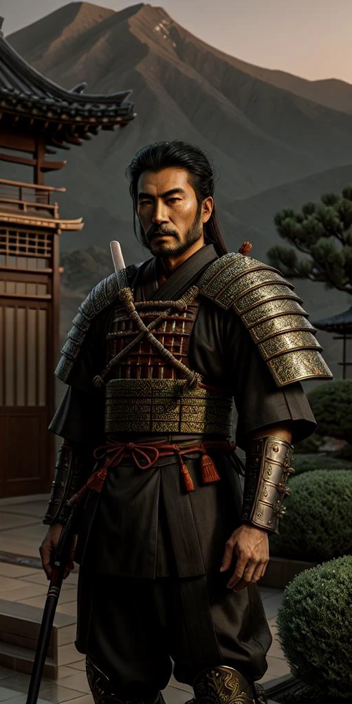 Hyperdetailed Samurai Man, Landscaping, Iranian background, at Dusk, Orientalism Art, Film grain, <lora:Stoked-Reality-LORA-v1-0:1>