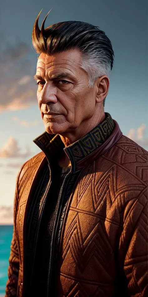 Vector Art, award winning, [Rich:Mature:12] Uncle, wearing Tribal Runes Quilted coat, Acclaimed Faux hawk hairstyle, Bahamian background, at Dawn, tilt shift, broad lighting, art by Clemens Ascher,  <lora:Stoked-Reality-LORA-v1-0:1>