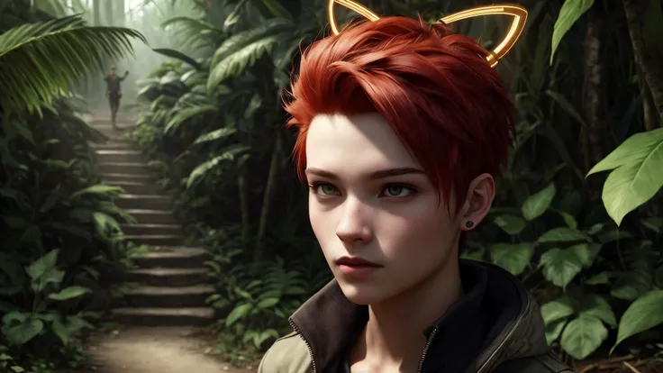 best quality, masterpiece, of a male, dressed as a Psionicist, with red hair, with a male Mohawk with brightly colored spikes hairstyle, wearing a halo, medium shot, running, In a hidden library in the heart of a jungle, where ancient knowledge waits to be discovered,, realistic, concept art, cinematic, volumetric lighting, highly detailed, 8k  with cat  chartreux ultradetialed character with perfect face,detailed skin,(ultrasharp:1.3),(masterpiece:1.1),best quality AS-YoungV2,(photorealistic:1.2),ultrarealistic,realistic ultradetailed character,4k perfect quality,<lyco:GoodHands-beta2:1>Magnificent,Imperceptible detail,Intricately designed,