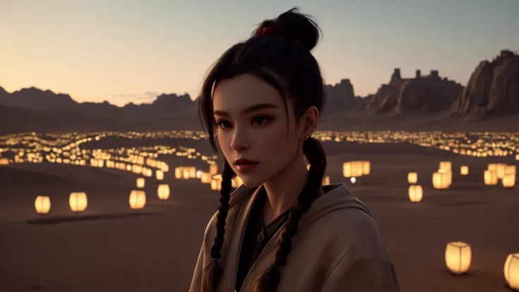 best quality, masterpiece, of a female, dressed as a Herbalist, with black hair, with a female Cornrows gathered into a top knot hairstyle, wearing a feathers, dutch angle, posing, In a desert city at night, lit by floating lanterns, with a grand palace in the center,, realistic, concept art, cinematic, volumetric lighting, highly detailed, 8k with cat singapura ultradetialed character with perfect face,detailed skin,(ultrasharp:1.3),(masterpiece:1.1),best quality AS-YoungV2,(photorealistic:1.2),ultrarealistic,realistic ultradetailed character,4k perfect quality,<lyco:GoodHands-beta2:1>Magnificent,Imperceptible detail,Intricately designed,