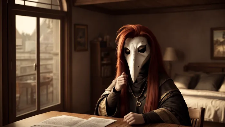 best quality, masterpiece, of a female, dressed as a Shaman, with red hair, with a female Long straight hair with a center part hairstyle, wearing a plague doctor mask, <lora:plague doctor:.9>, medium shot, fighting, In a grand castle hidden within a moonbeam, visible only to those of pure heart,, realistic, concept art, cinematic, volumetric lighting, highly detailed, 8k with cat singapura ultradetialed character with perfect face,detailed skin,(ultrasharp:1.3),(masterpiece:1.1),best quality AS-YoungV2,(photorealistic:1.2),ultrarealistic,realistic ultradetailed character,4k perfect quality,<lyco:GoodHands-beta2:1>Magnificent,Imperceptible detail,Intricately designed,
