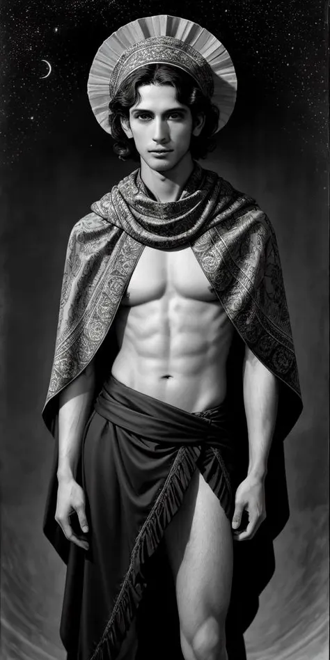 art by Alfred Cheney Johnston, Miniature diorama of a Absorbing Frilled lanky Brazilian Man, Meandering hair, Filipino Bandanna, Cloak, Stars in the sky, split diopter, Offset print, Best quality, <lora:Stoked-Reality-LORA-v1-0:1>