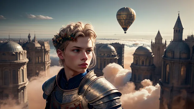 best quality, masterpiece, of a male, dressed as a Knight guard <lora:RPGGuard:.9>, with blonde hair, with a male Majestic layered curls, wearing a wreath, medium shot, posing, In a floating fantasy city in the clouds, held aloft by giant helium plants,, realistic, concept art, cinematic, volumetric lighting, highly detailed, 8k with cat bombay ultradetialed character with perfect face,detailed skin,(ultrasharp:1.3),(masterpiece:1.1),best quality AS-YoungV2,(photorealistic:1.2),ultrarealistic,realistic ultradetailed character,4k perfect quality,<lyco:GoodHands-beta2:1>Magnificent,Imperceptible detail,Intricately designed,
