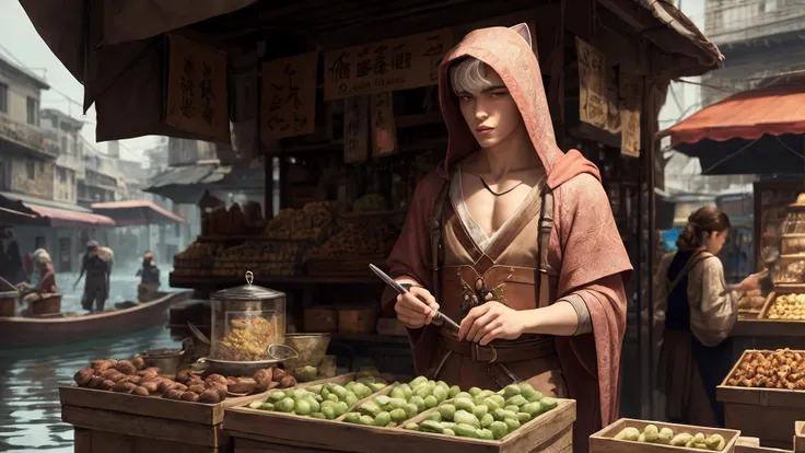 best quality, masterpiece, of a male, dressed as a Barbarian, with platinum hair, with a male Sophisticated braided updo, wearing a mage hood, close-up, stood, In a bustling market in a city floating on water, with merchants selling magical artifacts,, realistic, concept art, cinematic, volumetric lighting, highly detailed, 8k with cat japanese bobtail ultradetialed character with perfect face,detailed skin,(ultrasharp:1.3),(masterpiece:1.1),best quality AS-YoungV2,(photorealistic:1.2),ultrarealistic,realistic ultradetailed character,4k perfect quality,<lyco:GoodHands-beta2:1>Magnificent,Imperceptible detail,Intricately designed,