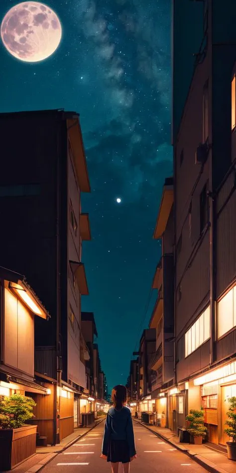 A girl, makoto shinkai style, anime, Japan animation background, 80mm camera lens, wide angle, night view with stars and large moon in sky, more light from light poles, city, building, edge, high detail