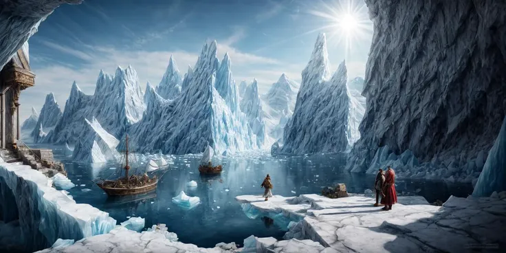 fantasy 1man and 1woman ancient iceberg city,  photorealistic, realistic light and shadows, realistic textures and details,
8k, high resolution, super clarity,
<lora:add_detail:1.2>