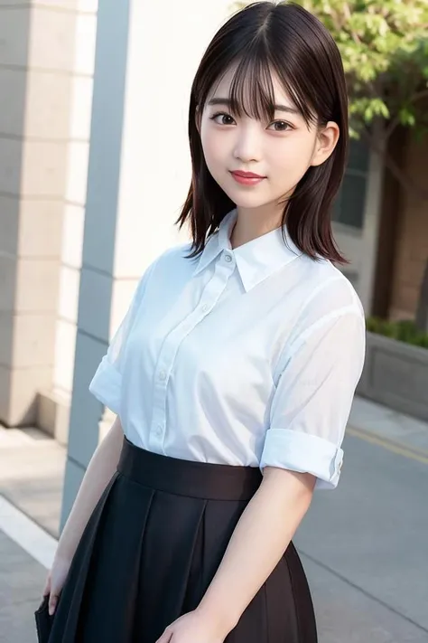 (skin blemish:0.8), (skindentation), black eye, 1woman, 25yo, (((woman))), solo, realistic, best quality, photorealistic, masterpiece, 8k, high res, solo, extremely detailed face, (professional lighting, bokeh), (light particles, lens flare, glowing particles:0.6), (dynamic pose:1.2), soft lighting, top angle view, fashionable and trendy atmosphere, Japan, Tokyo, street, city, park, shop, river, ((daytime)), sky, windy, ((looking at the viewer:1)), (looking at the camera),(portrait:0.6), cowboy shot, gorgeous, standing, hands down, keep original facial proportion, wide shoulder, full body, (small breast), (medium hair), brown hair, floating hair, lips, lipstick, smile, floating hair, smile, open_mouth, teeth, office suit, uniform, shirt, (short sleeves blouse:1), long skirt, eyelashes, mole, (mole under eye:1), <lora:HasegawaK:0.8>