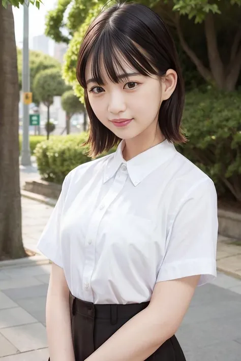 (skin blemish:1.2), (skindentation), black eye, 1woman, 25yo, (((woman))), solo, realistic, best quality, photorealistic, masterpiece, 8k, high res, solo, extremely detailed face, (professional lighting, bokeh), (light particles, lens flare, glowing particles:0.6), (dynamic pose:1.2), soft lighting, top angle view, fashionable and trendy atmosphere, China, Shanghai, street, city, park, shop, river, car, ((daytime)), sky, ((looking at the viewer:1)), (looking at the camera),(portrait:0.6), cowboy shot, gorgeous, standing, hands down, keep original facial proportion, wide shoulder, full body, (small breast), (medium hair), brown hair, floating hair, short hair, lips, lipstick, floating hair, smile, open_mouth, teeth, office suit, short sleeves shirt, blouse, uniform, long skirt, eyelashes, mole, (mole under eye:1), <lora:Morikawa:0.7>