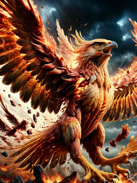 A phoenix rising from the ashes, its fiery wings ral-vlntxplzn across the sky <lora:ral-vlntxplzn-sdxl:1>,4k, uhd, hdr, masterpiece