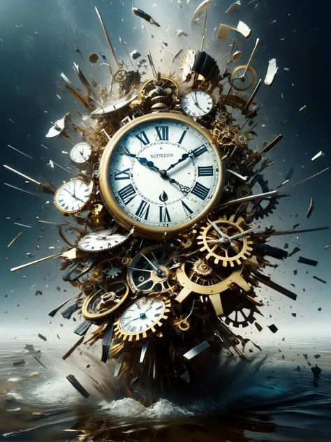 Ral-vlntxplzn, A vintage clock melting into a surreal puddle of time, its gears and hands swirling in disarray <lora:ral-vlntxplzn-sdxl:1>,4k, uhd, hdr, masterpiece