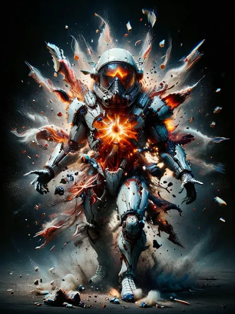 Surrealist art A photorealistic image of a Chrononaut, designed with striking white|red, fusion-like skin texture that resembles a blend of nuclear and crystal features. The Chrononaut should embody the appearance of a Sci-Fi Quantum-Chrononaut, displaying an advanced, magic armor. The armor needs to be intricately detailed, with elements that emit lights and glow, highlighting its mystic nature. The focus should be on showcasing the unique combination of the Chrononaut's natural, flame-like attributes with the magical sophistication of its armor. A violent nuclear explosion should encompass the subject in fire and flames and send the Chrononaut backwards from the explosions massive force <lora:more_details:0.8> <lora:xl_more_art-full_v1:0.5> <lora:ral-vlntxplzn:1> <lora:Dark_Particles_Style_SDXL:0.6> <lora:FF-Style-Dall-e-FFusion-Surrealism:0.5> . Dreamlike, mysterious, provocative, symbolic, intricate, detailed volumetric, dramatic, ominous, magical realism