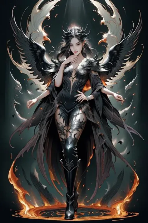 fantasy creature, photo realistic, 32K,  bold lines, extreme details, flame aura around head,(full body:1.2), phoenix wings, black long boots, long black gloves, mystical background, (dark creepy swampy background:1.2),  <lora:ral-vlntexplsn:0.5>ral-vlntxplzn (OverallDetail:0.5) (fHandDetail:1.2)